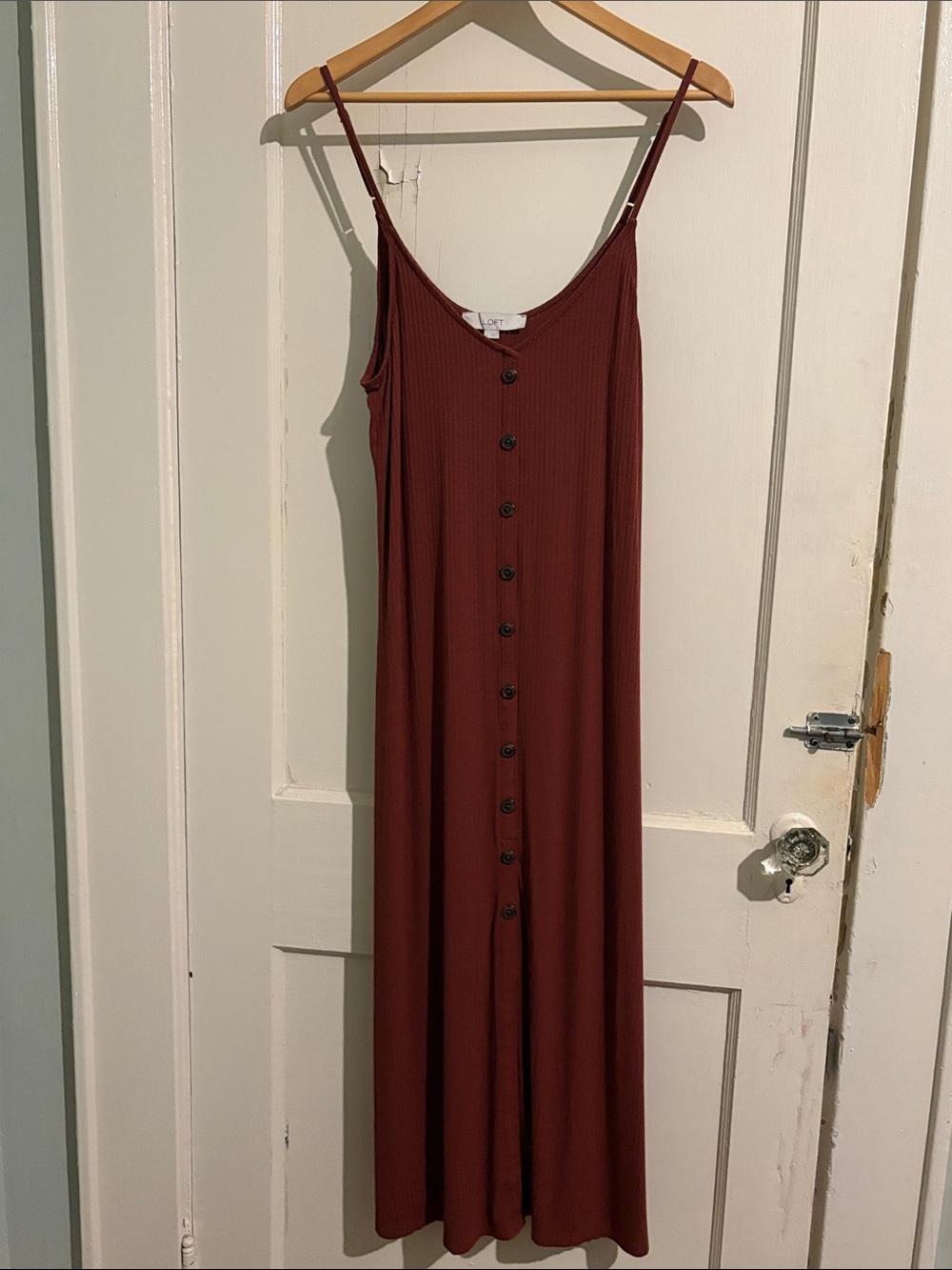 Ribbed Button-Front Midi Dress in Rust